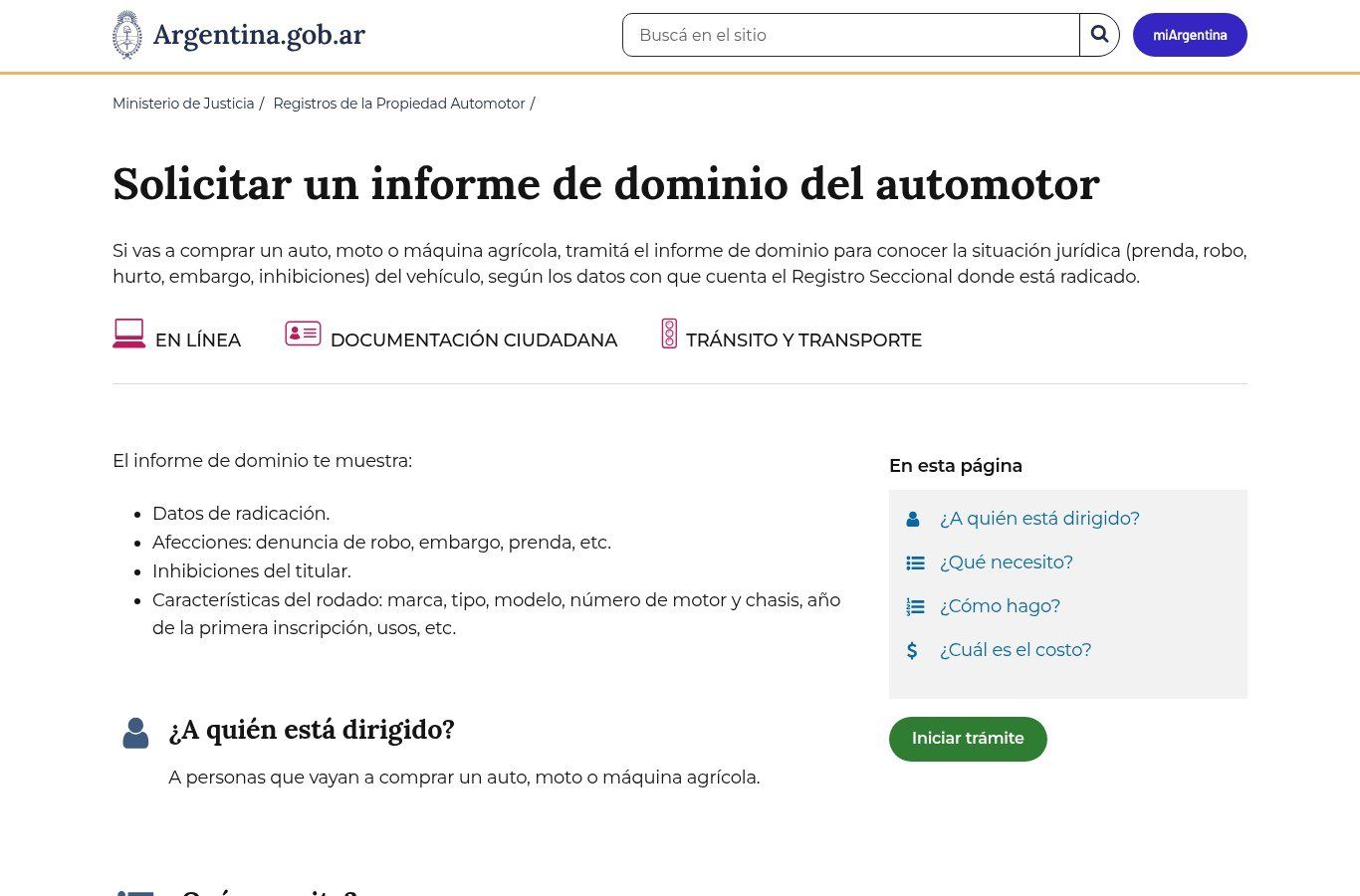 Ficha oficial en argentina.gob.ar del trámite «Solicitar un informe de dominio del automotor», con el botón verde «Iniciar trámite»
