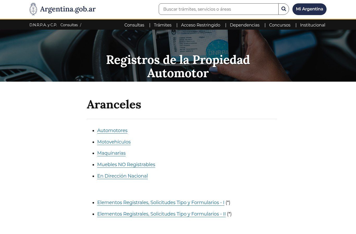 Página de Aranceles de la DNRPA con enlaces a automotores, motovehículos, maquinarias y otros anexos