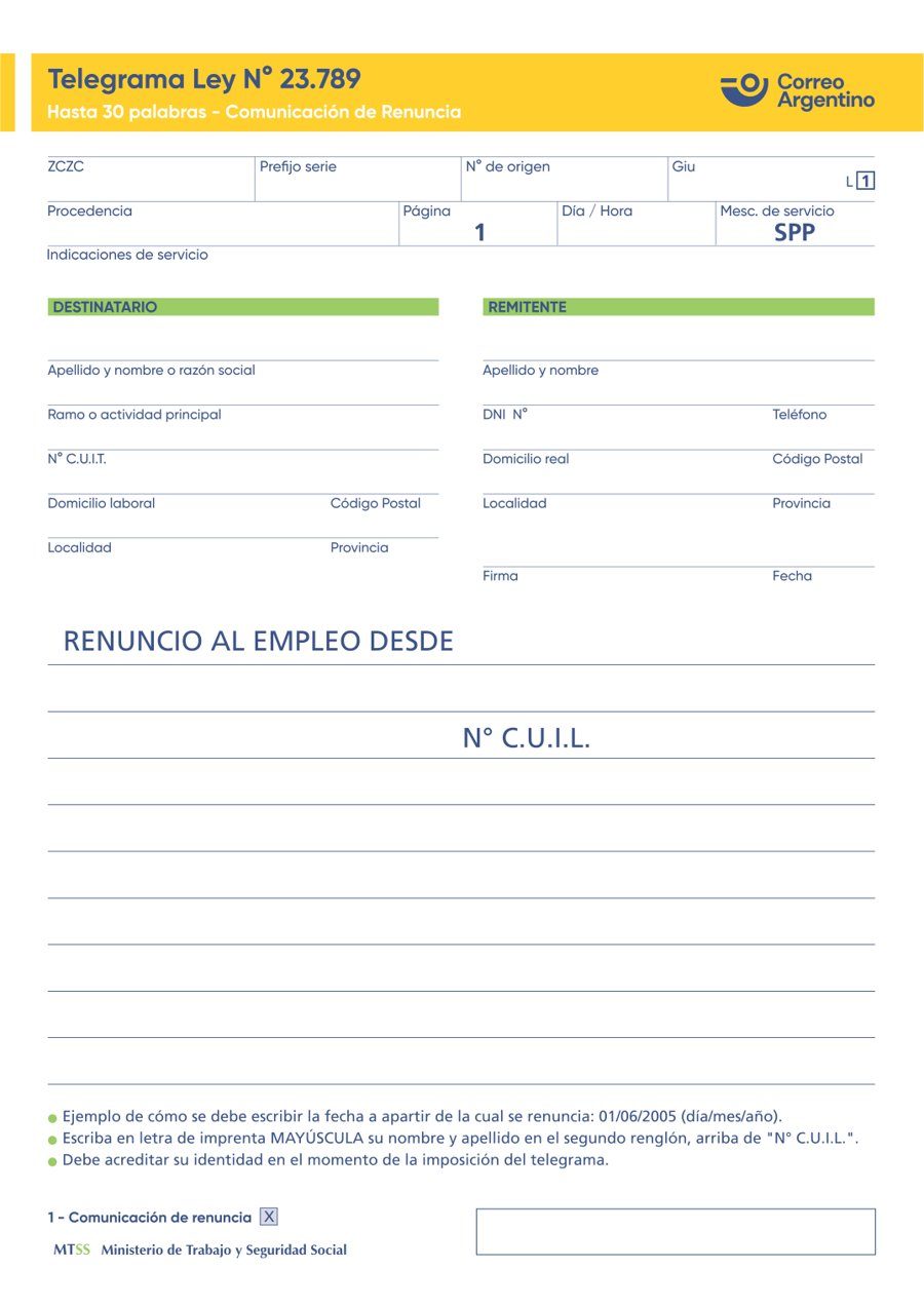 Formulario oficial en blanco del Telegrama Ley 23.789 para comunicar la renuncia, de Correo Argentino