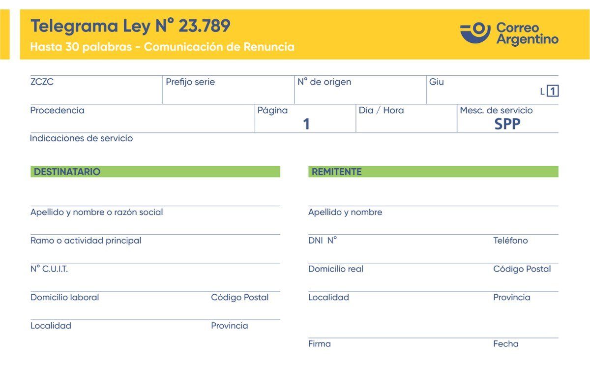 Formulario oficial de Correo Argentino para el telegrama de renuncia (Ley 23.789)
